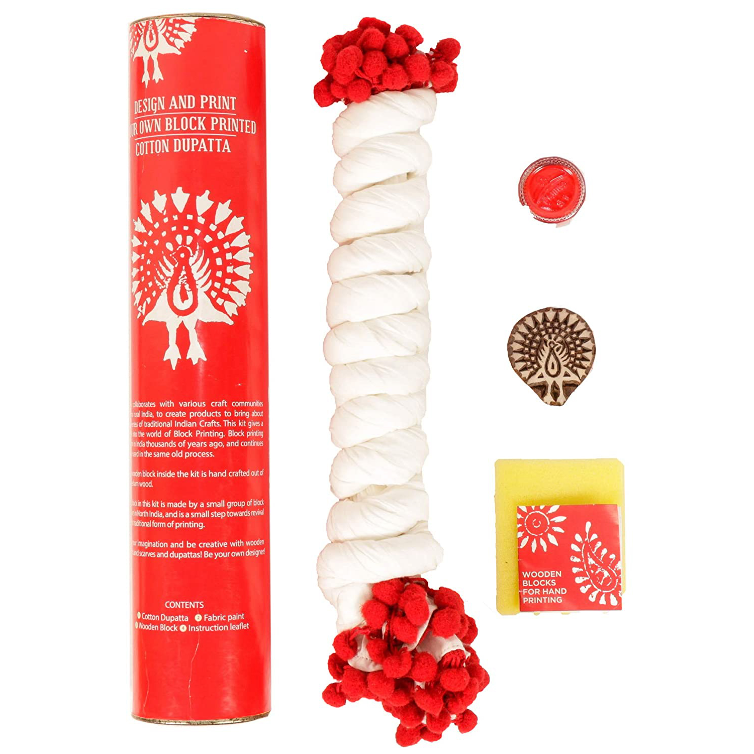 POTLI DIY Craft Kit (for All Ages) Block Print Your Own Dupatta - Peacock Design (Red)